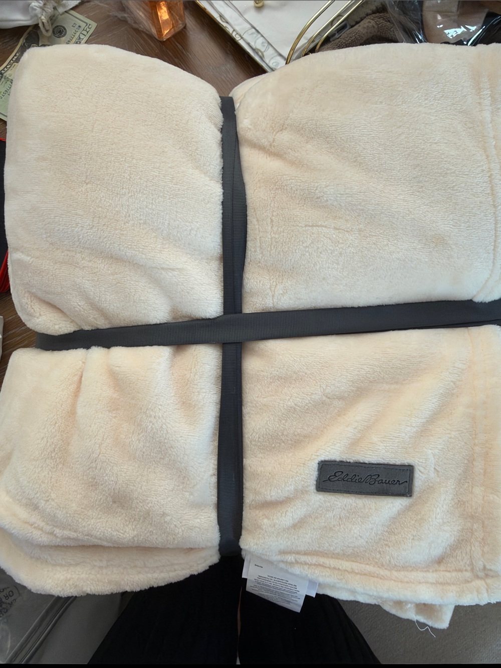 Eddie Bauer Cream Plush Throw with Charcoal Trim - NEW King BED
